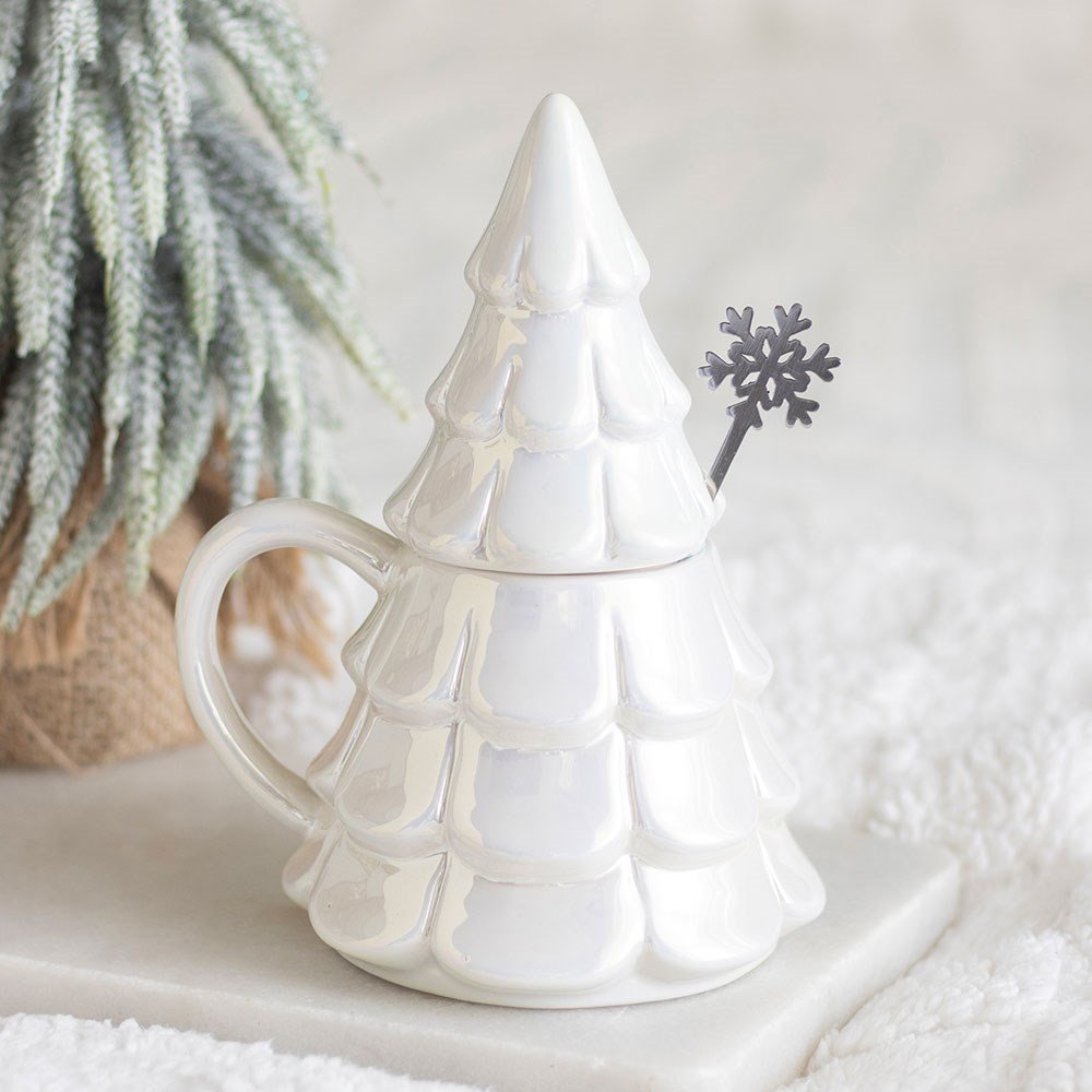 Something Different - Iridescent Fir Tree and Snowflake Spoon Set Mok/beker met lepel set - Wit